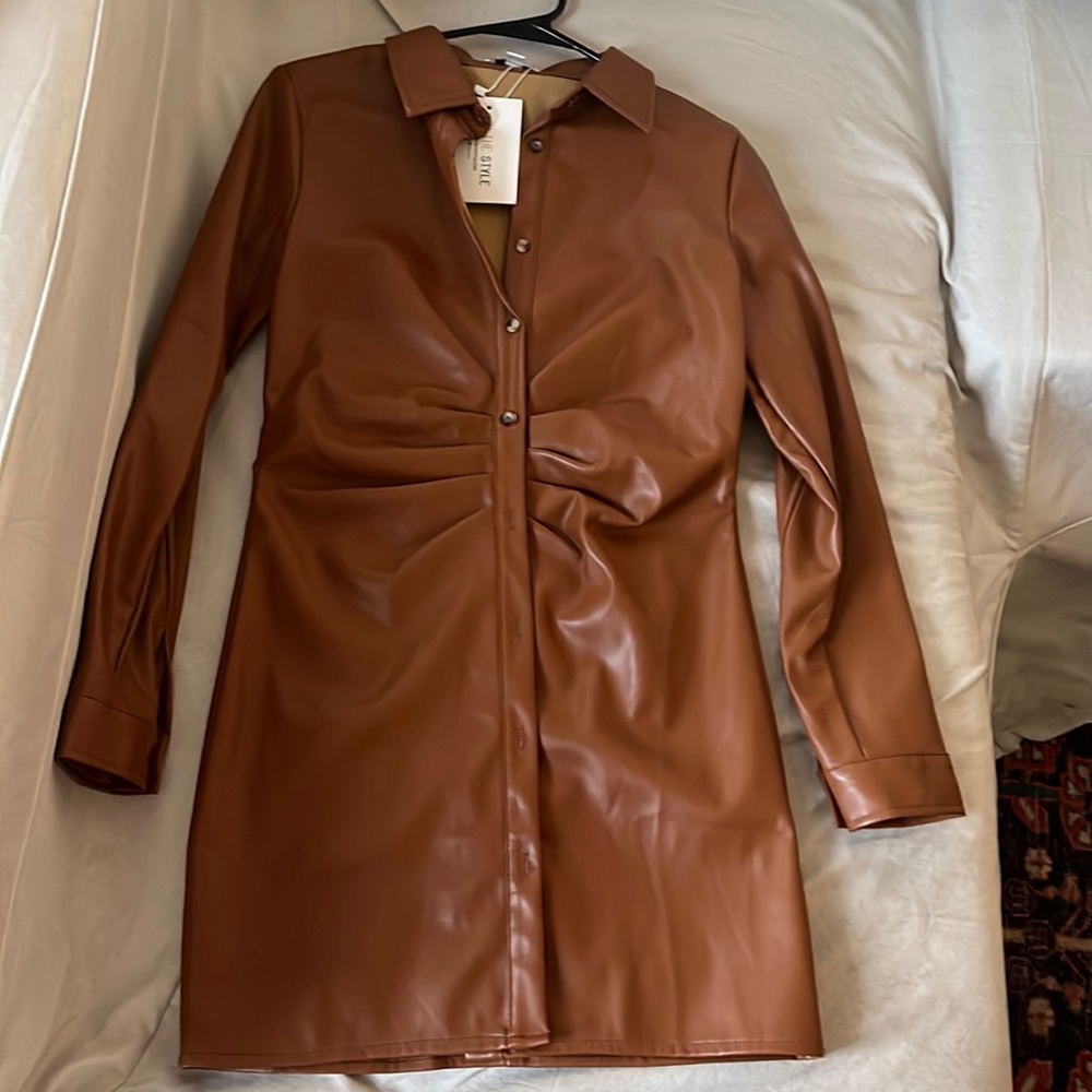 Faux brown leather button down dress